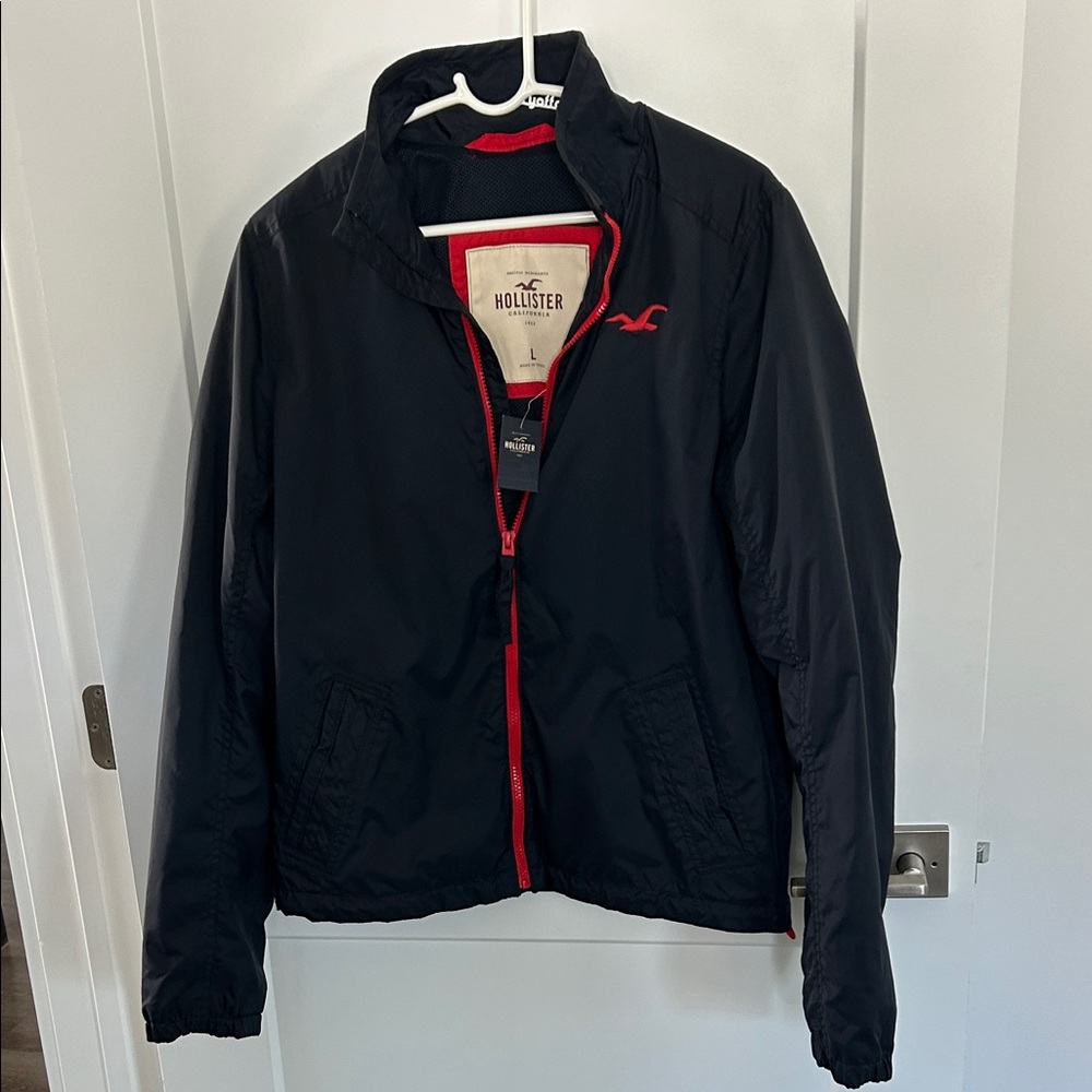 Hollister Navy Blue Windbreaker Jacket with Red Accents L